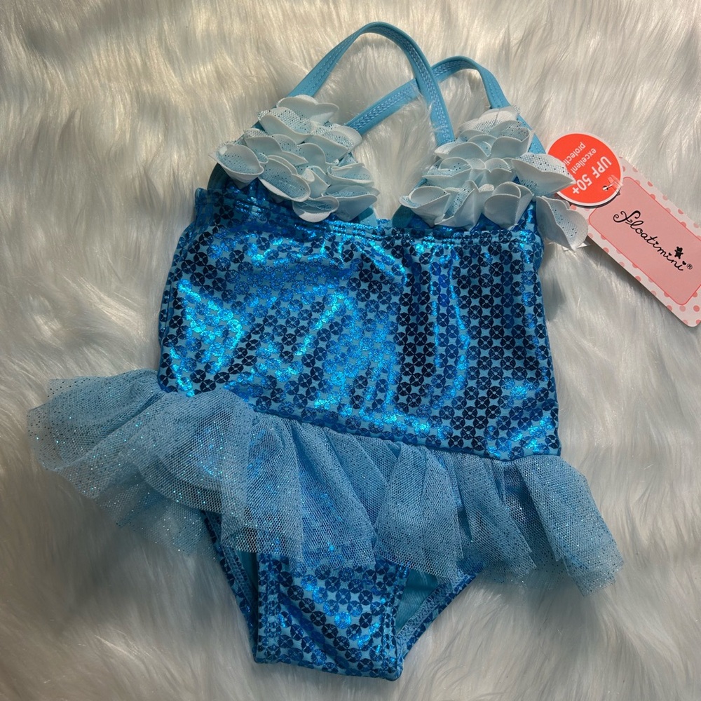 NWT Metallic Blue Ruffles Swimsuit Baby Girl Size 12 Months